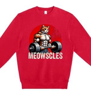 Funny Cat Meowscles Gym Weightlifting Cats Lovers Boy Premium Crewneck Sweatshirt