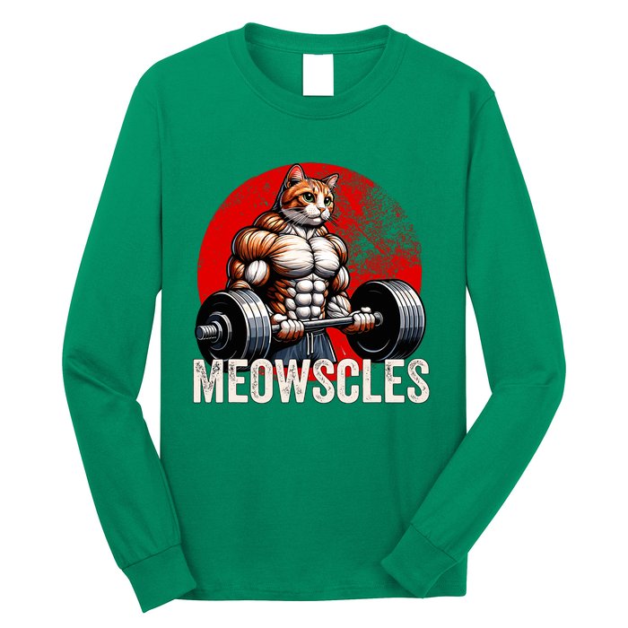 Funny Cat Meowscles Gym Weightlifting Cats Lovers Boy Long Sleeve Shirt