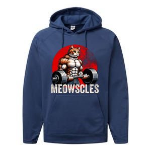 Funny Cat Meowscles Gym Weightlifting Cats Lovers Boy Performance Fleece Hoodie