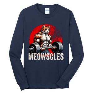 Funny Cat Meowscles Gym Weightlifting Cats Lovers Boy Tall Long Sleeve T-Shirt