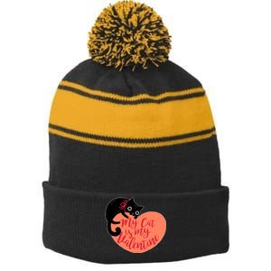 Funny Cute My Cat Is My Valentine Stripe Pom Pom Beanie