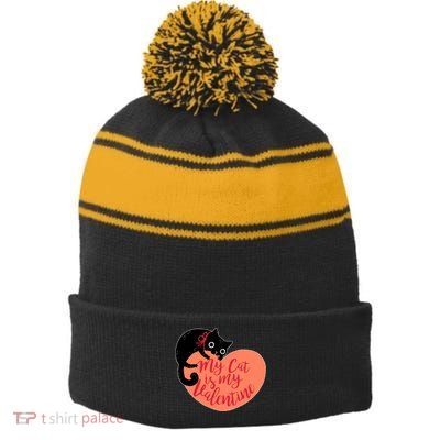Funny Cute My Cat Is My Valentine Stripe Pom Pom Beanie