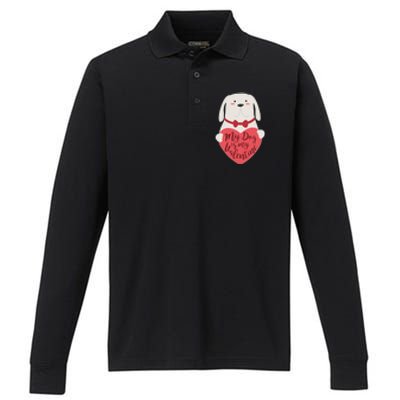 Funny Cute My Dog Is My Valentine Performance Long Sleeve Polo