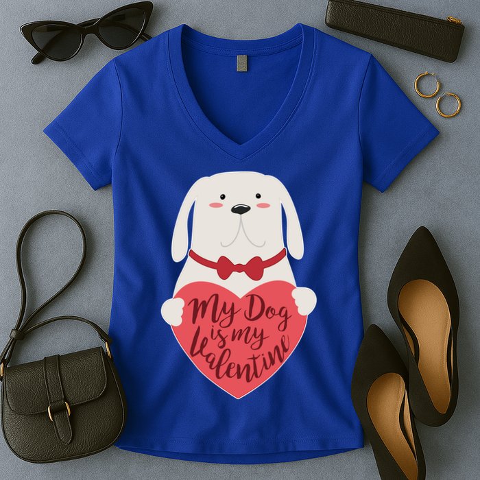 Funny Cute My Dog Is My Valentine Women's V-Neck T-Shirt