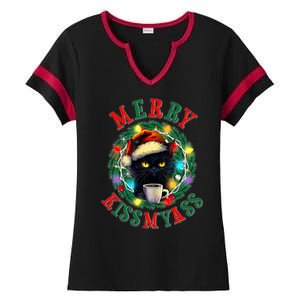 Funny Christmas Merry Kissmyass Moody Cat Coffee Ladies Halftime Notch Neck Tee