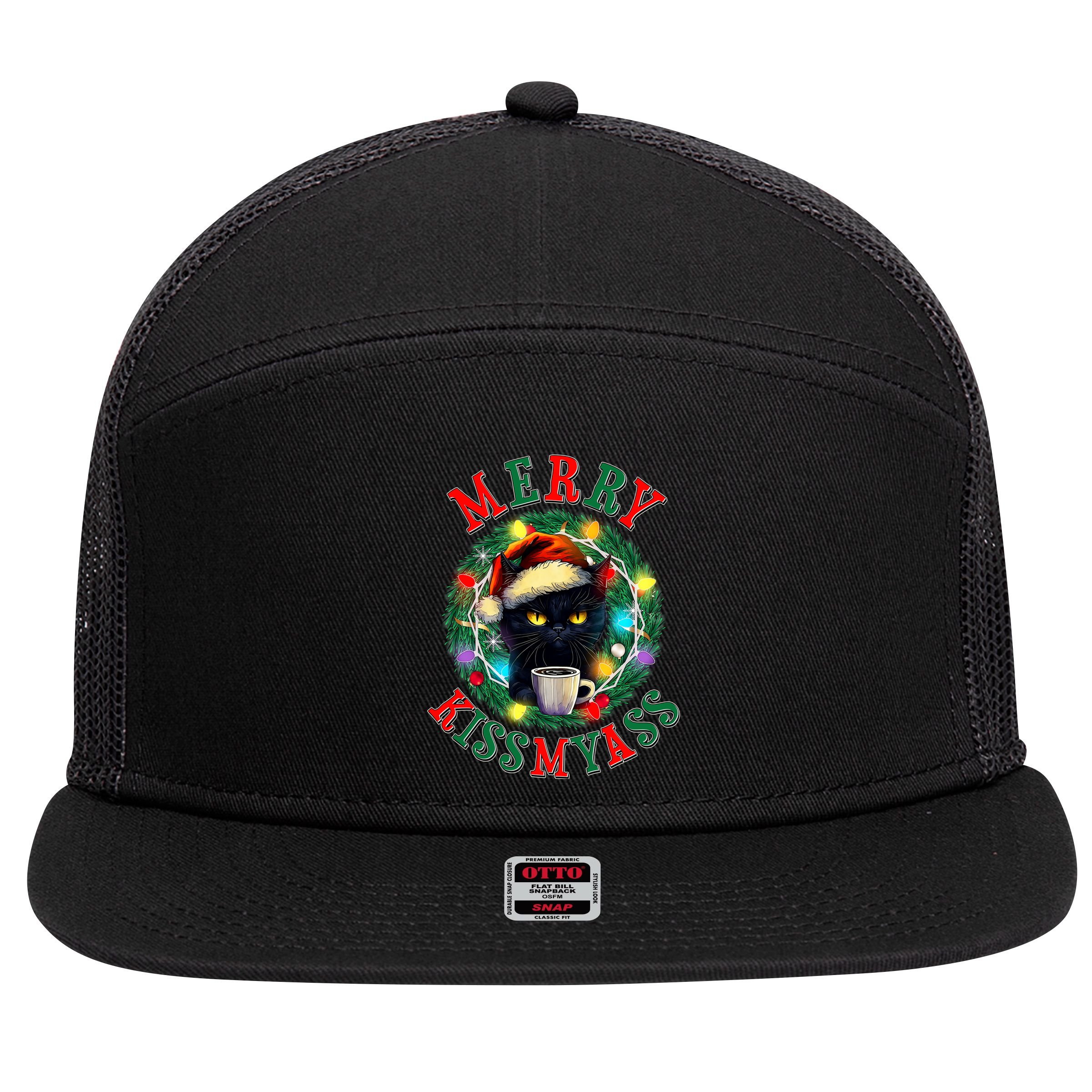 Funny Christmas Merry Kissmyass Moody Cat Coffee 7 Panel Mesh Trucker Snapback Hat