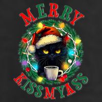 Funny Christmas Merry Kissmyass Moody Cat Coffee 7 Panel Mesh Trucker Snapback Hat