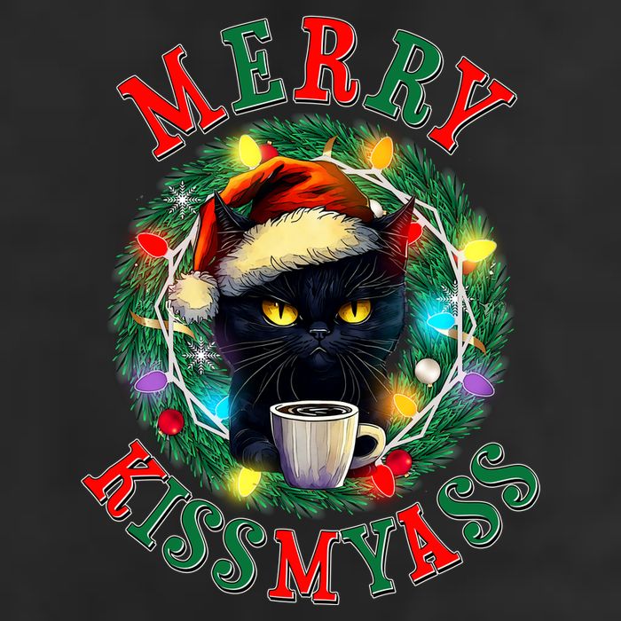 Funny Christmas Merry Kissmyass Moody Cat Coffee 7 Panel Mesh Trucker Snapback Hat