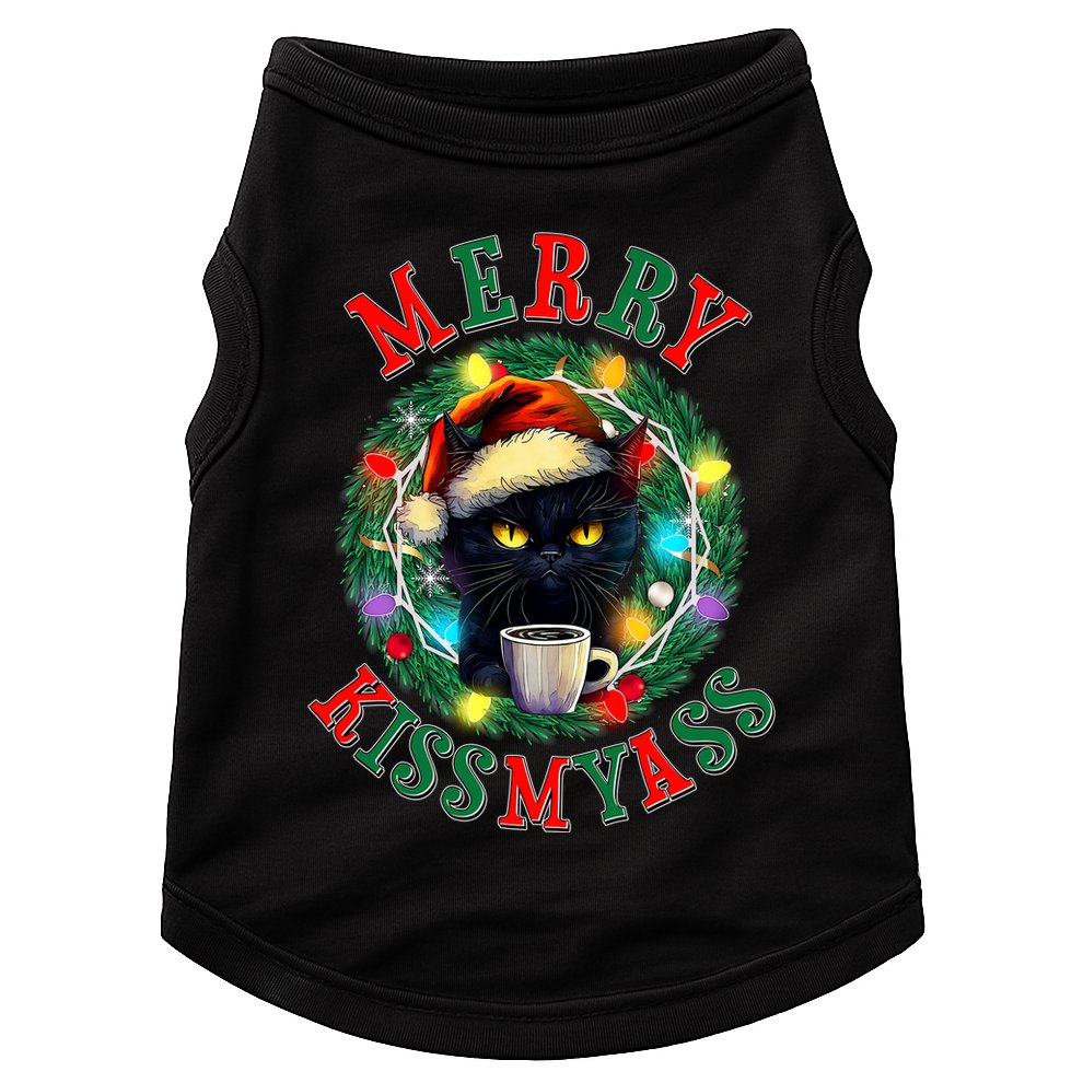 Funny Christmas Merry Kissmyass Moody Cat Coffee Doggie Tank