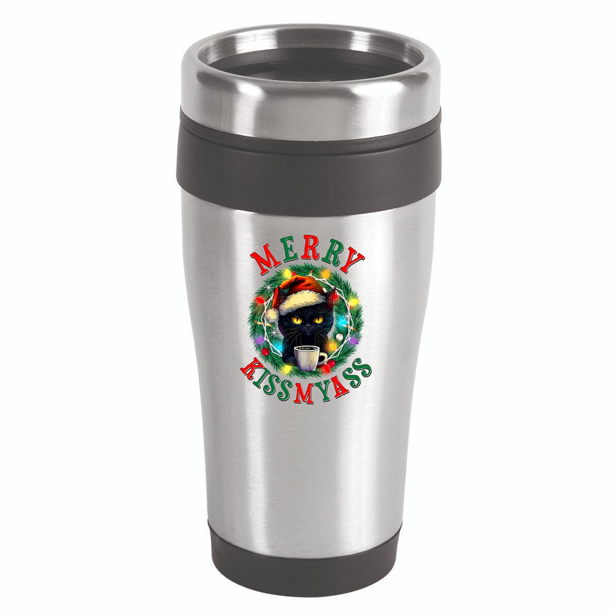 Funny Christmas Merry Kissmyass Moody Cat Coffee 16oz Travel Tumbler