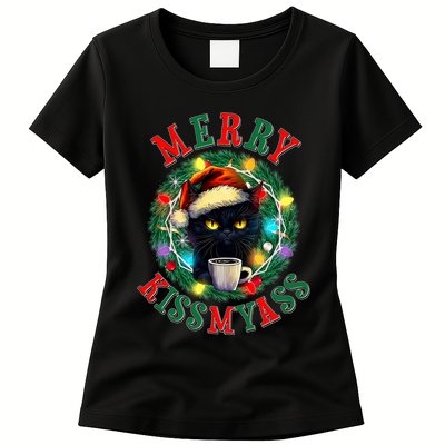 Funny Christmas Merry Kissmyass Moody Cat Coffee Womens T-Shirt