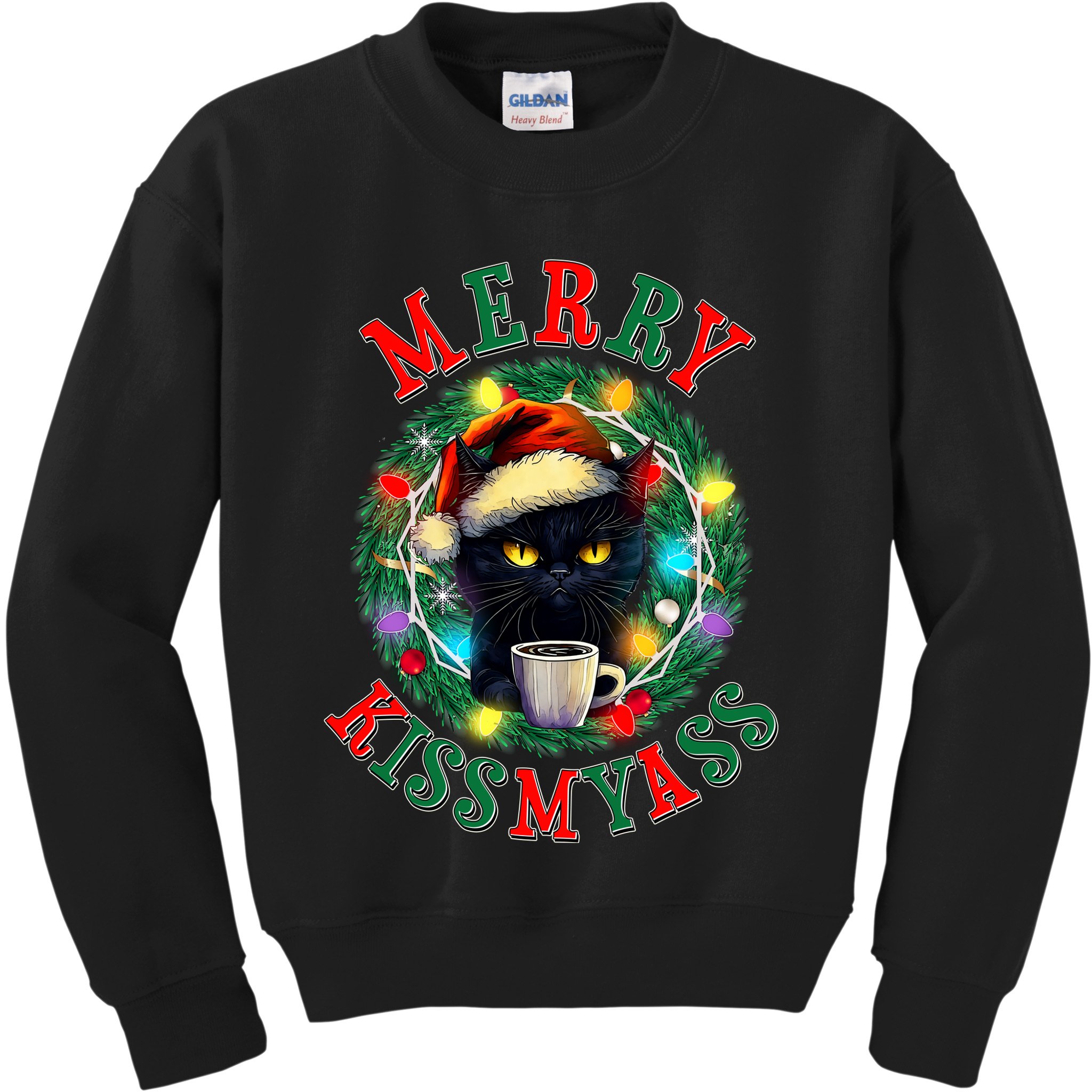 Funny Christmas Merry Kissmyass Moody Cat Coffee Kids Sweatshirt