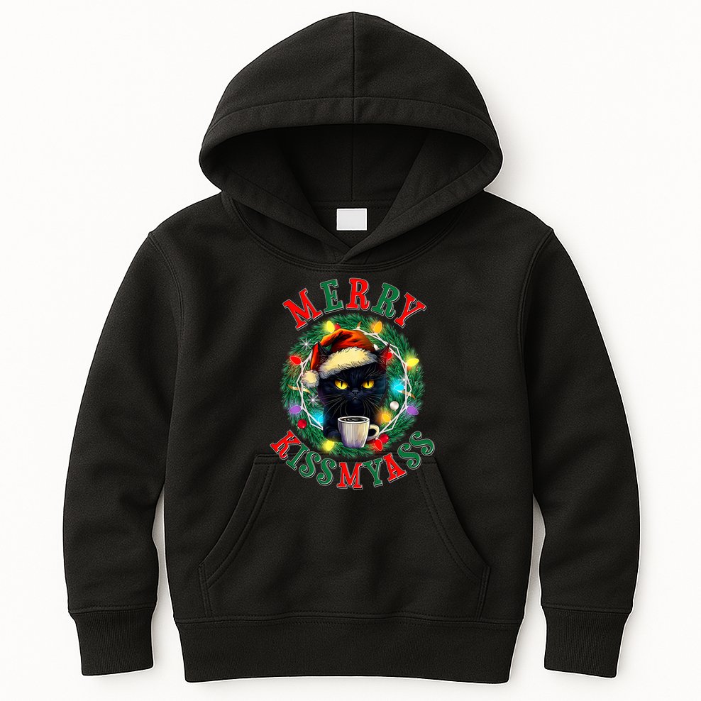 Funny Christmas Merry Kissmyass Moody Cat Coffee Kids Hoodie