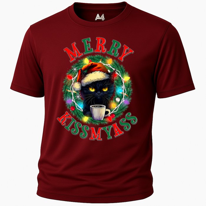 Funny Christmas Merry Kissmyass Moody Cat Coffee Cooling Performance Crew T-Shirt