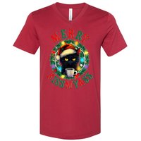 Funny Christmas Merry Kissmyass Moody Cat Coffee V-Neck T-Shirt