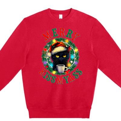 Funny Christmas Merry Kissmyass Moody Cat Coffee Premium Crewneck Sweatshirt