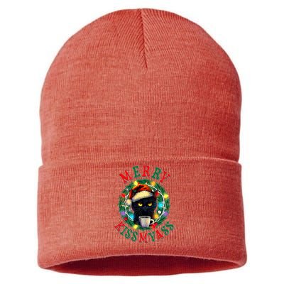 Funny Christmas Merry Kissmyass Moody Cat Coffee Sustainable Knit Beanie