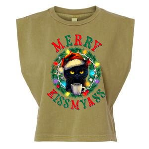 Funny Christmas Merry Kissmyass Moody Cat Coffee Garment-Dyed Women's Muscle Tee