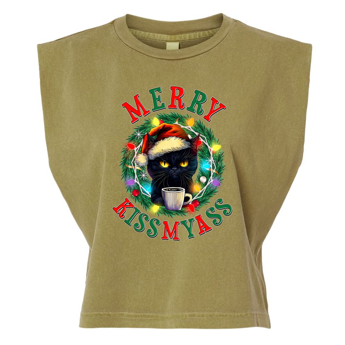 Funny Christmas Merry Kissmyass Moody Cat Coffee Garment-Dyed Women's Muscle Tee