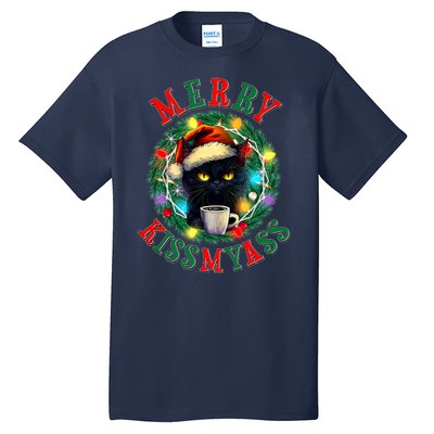 Funny Christmas Merry Kissmyass Moody Cat Coffee Tall T-Shirt