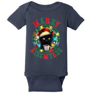 Funny Christmas Merry Kissmyass Moody Cat Coffee Baby Bodysuit