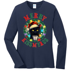 Funny Christmas Merry Kissmyass Moody Cat Coffee Ladies Long Sleeve Shirt