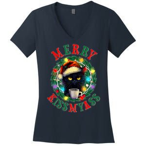 Funny Christmas Merry Kissmyass Moody Cat Coffee Women's V-Neck T-Shirt