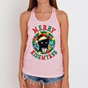 Funny Christmas Merry Kissmyass Moody Cat Coffee Women's Knotted Racerback Tank