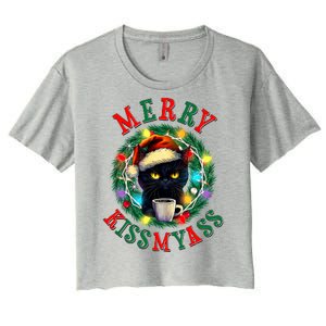 Funny Christmas Merry Kissmyass Moody Cat Coffee Women's Crop Top Tee