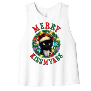 Funny Christmas Merry Kissmyass Moody Cat Coffee Women's Racerback Cropped Tank