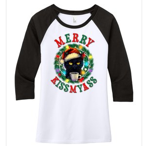 Funny Christmas Merry Kissmyass Moody Cat Coffee Women's Tri-Blend 3/4-Sleeve Raglan Shirt