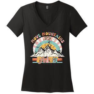 Faith Can Move Mountains Boho Christian Women's V-Neck T-Shirt