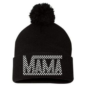 Funny Checkered Mama Black White Gift Women Pom Pom 12in Knit Beanie