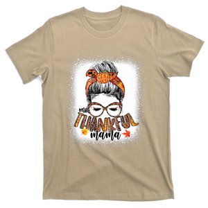 Funny Cute Messy Bun One Thankful Mama Fall Autumn Thanksgiving T-Shirt