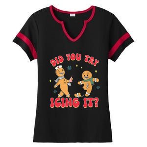 Funny Christmas Nurse Gingerbread Man Did You Try Icing It Ladies Halftime Notch Neck Tee