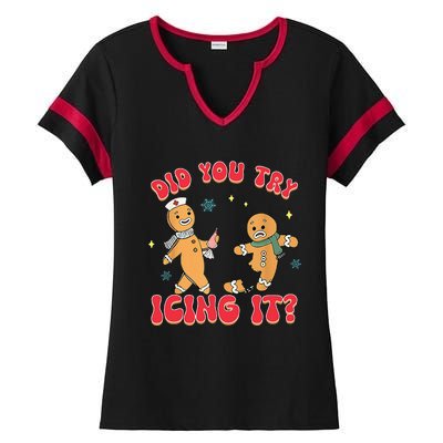 Funny Christmas Nurse Gingerbread Man Did You Try Icing It Ladies Halftime Notch Neck Tee