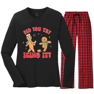 Funny Christmas Nurse Gingerbread Man Did You Try Icing It Women's Long Sleeve Flannel Pajama Set 