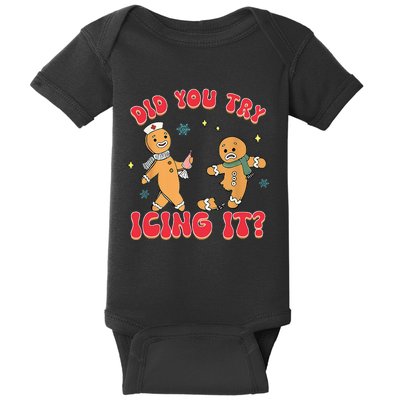 Funny Christmas Nurse Gingerbread Man Did You Try Icing It Baby Bodysuit