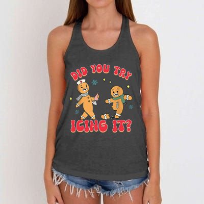 Funny Christmas Nurse Gingerbread Man Did You Try Icing It Women's Knotted Racerback Tank