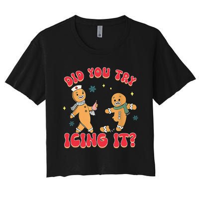 Funny Christmas Nurse Gingerbread Man Did You Try Icing It Women's Crop Top Tee