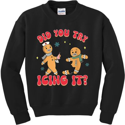 Funny Christmas Nurse Gingerbread Man Did You Try Icing It Kids Sweatshirt