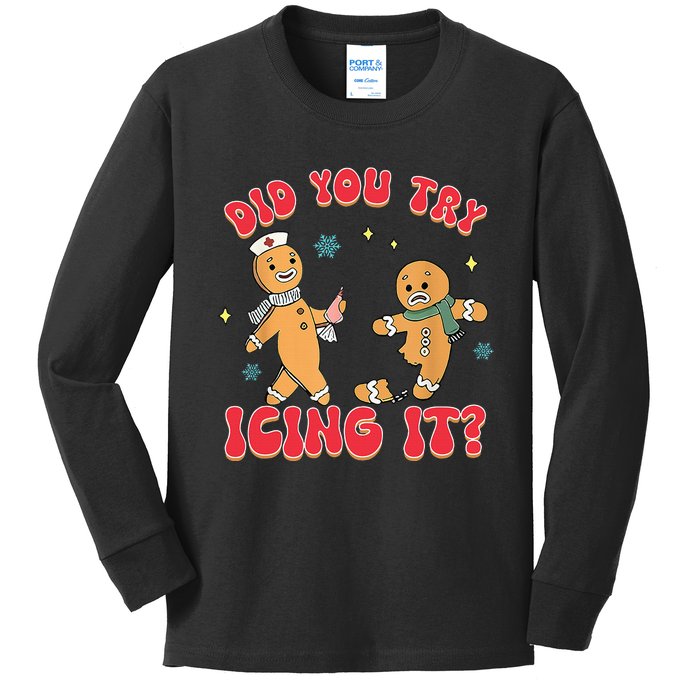 Funny Christmas Nurse Gingerbread Man Did You Try Icing It Kids Long Sleeve Shirt