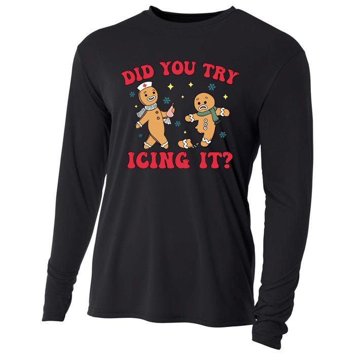 Funny Christmas Nurse Gingerbread Man Did You Try Icing It Cooling Performance Long Sleeve Crew