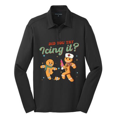 Funny Christmas Nurse Did You Try Icing It Gingerbread Man Silk Touch Performance Long Sleeve Polo