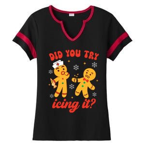 Funny Christmas Nurse Gingerbread Man Did You Try Icing It Ladies Halftime Notch Neck Tee