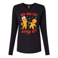 Funny Christmas Nurse Gingerbread Man Did You Try Icing It Womens Cotton Relaxed Long Sleeve T-Shirt