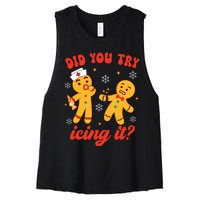 Funny Christmas Nurse Gingerbread Man Did You Try Icing It Women's Racerback Cropped Tank