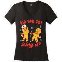 Funny Christmas Nurse Gingerbread Man Did You Try Icing It Women's V-Neck T-Shirt