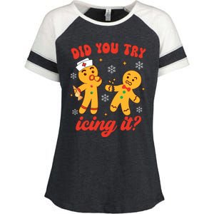 Funny Christmas Nurse Gingerbread Man Did You Try Icing It Enza Ladies Jersey Colorblock Tee