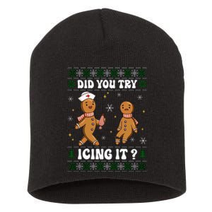 Funny Christmas Nurse Gingerbread Man Did You Try Icing It Short Acrylic Beanie